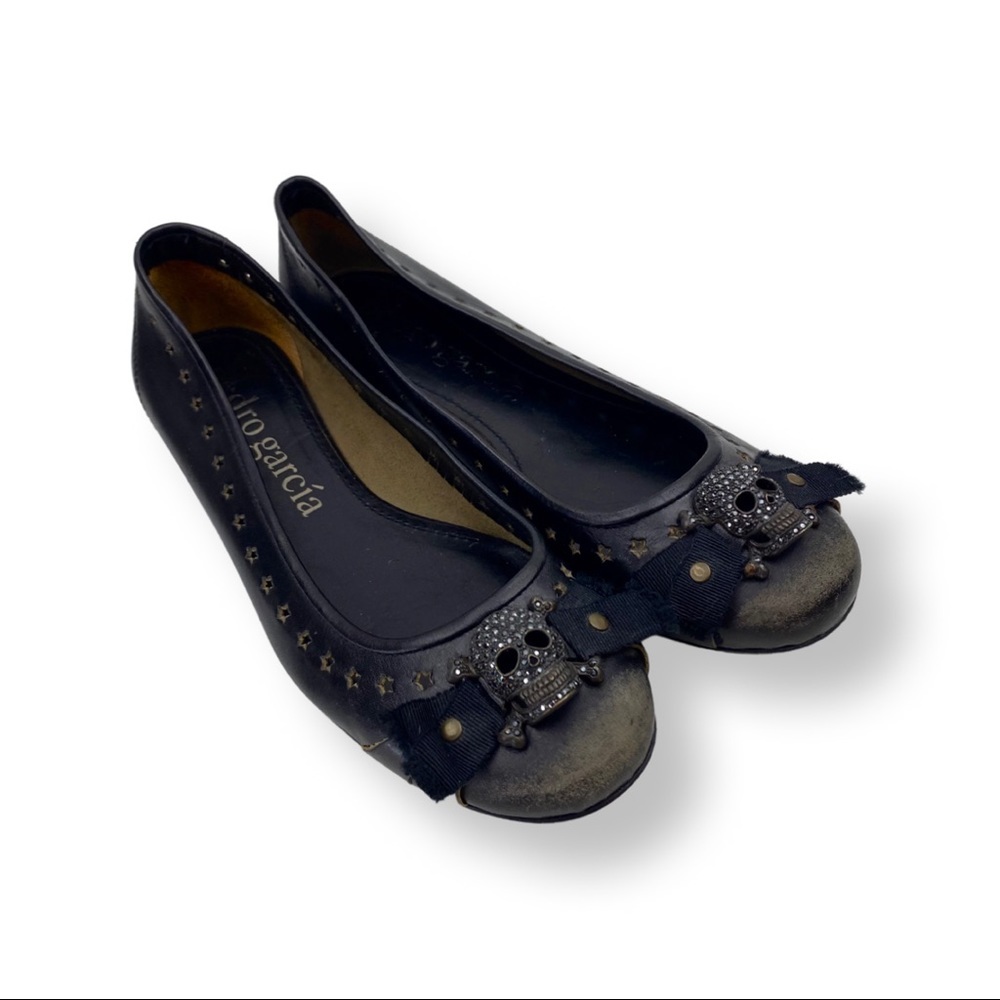 *HP* PEDRO GARCIA Black Leather Swarovski Skull Ballet Flats 8/38.5 HALLOWEEN!